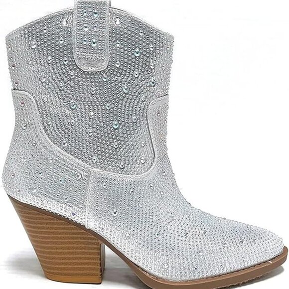 Women's Rhinestone Block Heel Mid Calf Short Boots - Picture 9 of 9